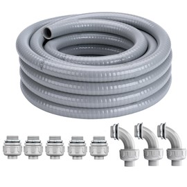 Geowaky 1/2 Inch 50 FT Liquid-Tight Conduit and Connector Kit Non Metallic Flexible Conduit Electrical Kit - 5 Straight and 3 Angle Fittings Included for Electrical Wiring