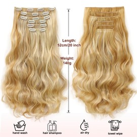 Dcbaboo Clip-In Hair Extensions, Wavy Clip-In Hairpiece, Wavy 6 Pieces, 55 cm, Synthetic Hair Extensions with Clips, Curly Long Hair Extensions for Women, Dark Blonde & Bleach Blonde