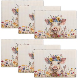 Cute Pig Placemats Set of 6, Farmhouse Pig Place Mats Table Mats for Kitchen Dining Table Kitchen Decor Linen 12x18 Inch