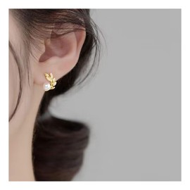 Leaves Branch Stud Earrings with Pearl, Small Earrings for Women Girls Men Women Gifts, Yellow Gold