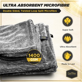 CarMax™ - Giant Twisted Loop Car Drying Towel - Double-Sided XXL - 90cm x 60cm 1400gsm Microfibre Towel for fast streak-free drying and detailing.