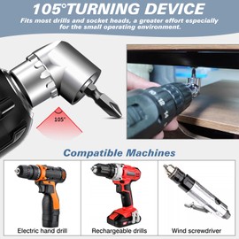 Vakki Right Angle Drill & Screwdriver Bit Set, 105 Degree Right Angle Drill Attachment, 1/4inch Hex Angle Drill with 10 PCS PZ2 Screwdriver Bits and Bit Holder for Tight Corner Workspace