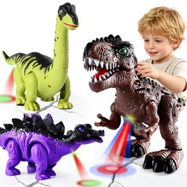3-Pack Electronic Walking Dinosaur Toys for Toddlers 2-4, Moving Dinosaurs Toys with Lights, Roaring Sounds, T-Rex, Brachiosaurus & Stegosaurus, Xmas Birthday Gift for 2 3 4 5 6 Years Old Boys