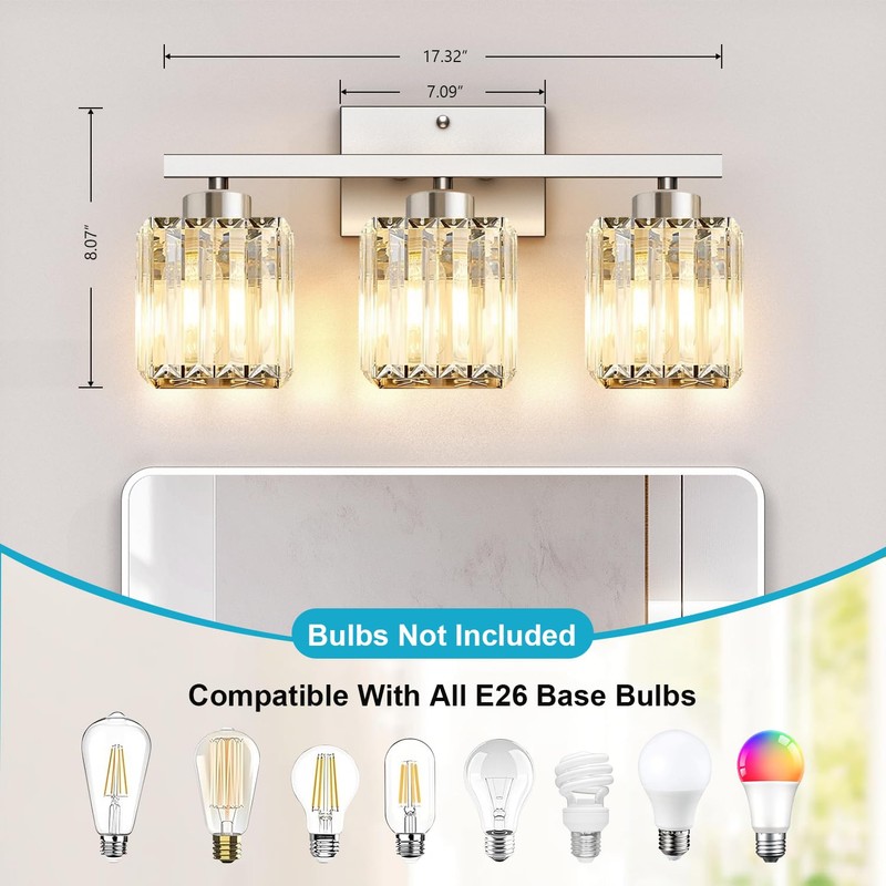 GOLSPARK Modern Crystal Bathroom Vanity Light, 3-Light Brushed Nickel Vanity