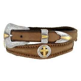 Antique Gold Cross Conchos Crazy Horse Scalloped Genuine Leather Western Belt 1"(25mm) Wide (Brown, 38)