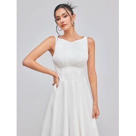 CIDER Midi Dress Women's Elegant Boat Neck Short Sleeve Solid Ruffle Party Dress Fit Flare Mid Waist White