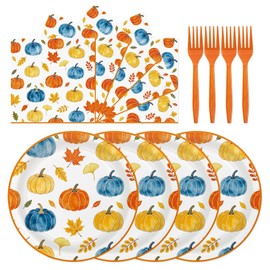 72Pcs Fall Paper Plates and Napkins Set, Autumn Pumpkin Dessert Plates 7in