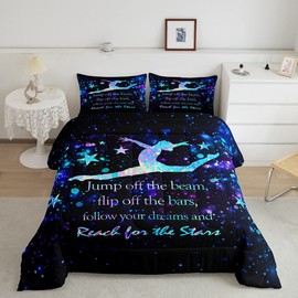 Gymnasts Silhouette Kids Comforter Set Twin Size,Starry Sky Galaxy Romantic Bedding Set,Girls Boys Adults Home Decor,Gymnastics Dance Lovers Down Comforter,Blue Dreamy Duvet Insert,1 Pillowcase