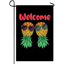 IOppWin Upside Down Pineapple Flag 12 * 18 Inch Swinger Party Banner Funny Garden Pineapple Flags Play Well With Others Double Printed Garden Yard Party Parade Flag (Welcome Name Here)