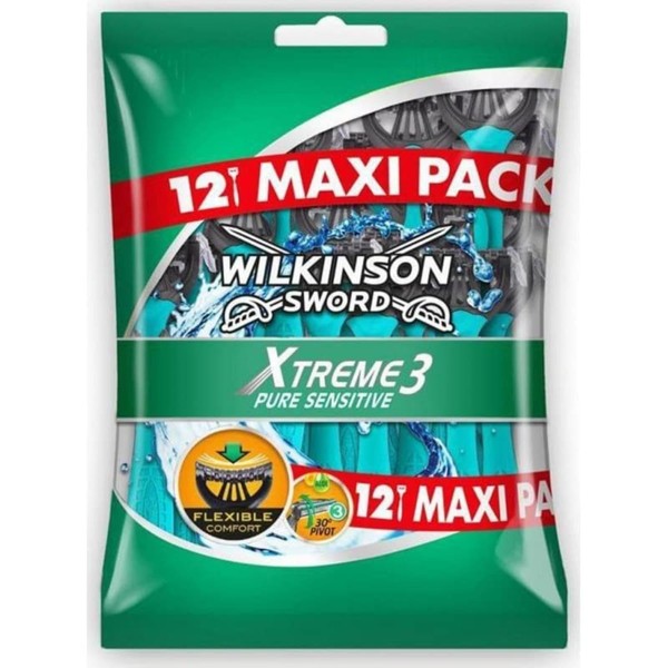Wilkinson Sword Xtreme 3 Pure Sensitive Comfort Disposable Men's Razors - Pack of 12 (Packaging may vary)