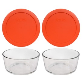 Pyrex (2 7201 4 cup Glass Dishes & (2) 7201-PC 4 Cup Pumpkin Orange Lids - Made in the USA