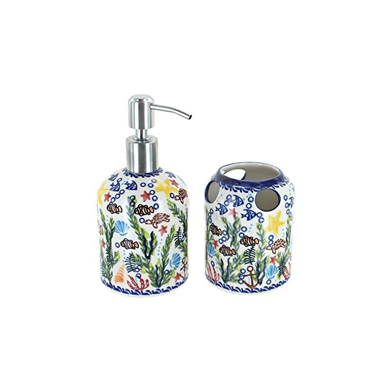 Blue Rose Polish Pottery Atlantis Soap Dispenser & Toothbrush Holder