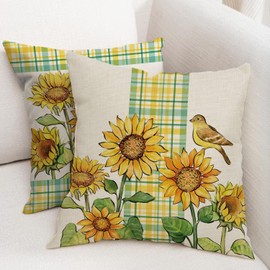 BAOKU Cushion Covers 45x45 cm Pillow Covers Spring Decorative Home Decor for Bed Couch Sofa Bedroom Office Pack of 4 yellow sunflower Pattern Linen Pillowcase