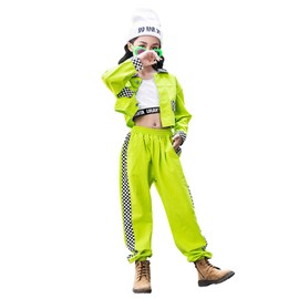 Girls 3PCS Checkered Crop Blouser White Tank Joggers Pants Sets Dance Outfits (8-10 Green)