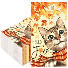 JarThenaAMCS 100Pcs Hello Fall Cat Guest Napkins Watercolor Autumn Maple Leaves Cat Disposable Paper Napkin Dinner Hand Napkins for Thanksgiving Party Supplies