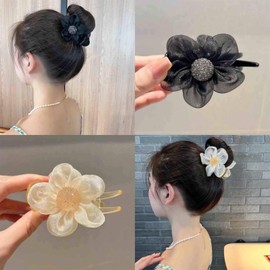 Aneneiceera Vintage Mesh Flower Hair Claw Clip Daisy Flower Ponytail Pine Clip Non-Slip Claw Barrette Mesh Banana Clip Barrette Large Flower Buckle Clip Hair Accessories (Champagne)