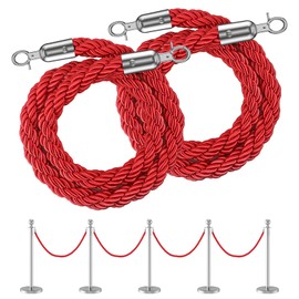 kaiyomi 2 Pack Red Hemp Braided Stanchion Rope, 5 Feet Crowd Control Twisted Post Ropes with Silver Lobster Clasp, Safety Queue Barrier Stanchions Ropes are Suitable for Parties, Red Carpets (Red)