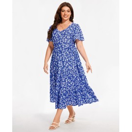 Women's 2025 Plus Size Casual Dress Floral Tiered V-Neck Aline Short Sleeve Summer Maxi Dresses with Pockets