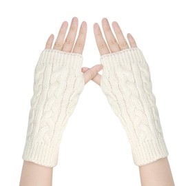 Andiker Winter Fingerless Gloves for Women, Knitted Arm Warmer Thumb Hole Gloves Soft Wrist Half Finger Mittens (White)