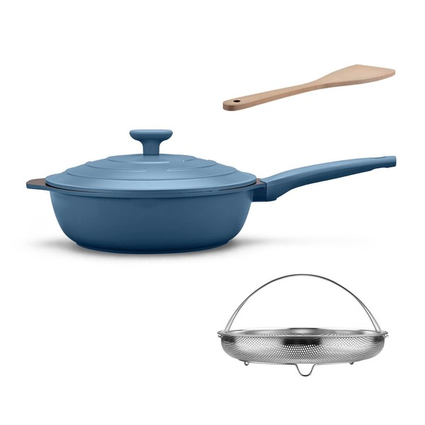 LIGTSPCE All-in-One Pan,Always Nonstick Large Skillet,Deep Frying Pan with Lid(11-inch), Multipurpose Saute pan with Strainer,PFOA Free chef’s pan,Dishwasher and Oven Safe (Cerulean)