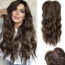 LEEONS Hair Toppers for Women 20inch Chestnut Brown Wavy Curl Hair Toppers for Women Clip In Toppers Hair Pieces for Women with Thinning Hair Synthetic Hair Topper Wiglets with Fringe Bang