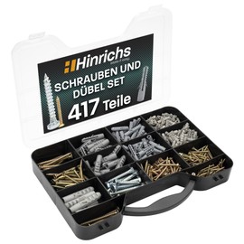 Hinrichs 417-piece screw dowel set - storage case with dowel set in 4 sizes total 204 pieces + screw set in 9 sizes total 213 pieces - dowels