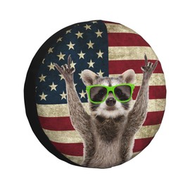 Spare Tire Cover for RV Camper Funny Cute Raccoon American Flag, Weatherproof Universal Wheel Cover for RV Travel Trailer Camper Truck 14inch