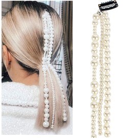 White Pearl Rhinestones Hair Chains Bling Punk Tassel Hair Clips, Crystal Hair Extension Rhinestone Hair Accessories 21.6 Inch Hair Strand for Women and Girls Hair Decoration