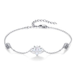 Lotus Bracelet 925 Sterling Silver Opal Pendant Bracelet Lotus Flower Link Bracelet Yoga Bracelet Gift for Women Mom