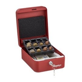 Relaxdays Cash Box with Coin Counter Board, Lockable, Steel, Portable, Change & Notes, H x D: 8.5 x 16 x 20 cm, Red