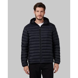 32º DEGREES Men's Lightweight Quilted Recycled Poly-Fill Packable Hooded Puffer Jacket | Zippered Pockets | Layering | Water Repellent, Black, Large