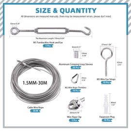 Cimeton 51Pcs Turnbuckle Wire Tensioner Strainer Kit with 98ft 304 Stainless Steel Wire Cable Rope and Turnbuckle Kit, Wire Rope Clip Thimbles Crimping Loop Sleeves for Outdoor Cable Use