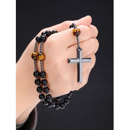 CrystalTears Rosary Necklace Hematite Cross Pendant with Crystals Pearl Necklace Women Men Amulet Jewellery Spiritual Gift, Crystal