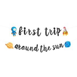 First Trip Around The Sun Birthday Decorations,Black Glitter First Trip Around The Sun Banner, Astronaut 1st Birthday Decorations Supplies, Moon Solar Galaxy System Astronaut Rocket UFO Ship Themed ,