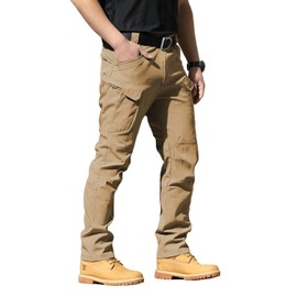 FLYFIREFLY Men's Cargo Hiking Pants Lightweight Waterproof Tactical Pants Outdoor Work Pants with Pockets(No Belt) Dark Khaki