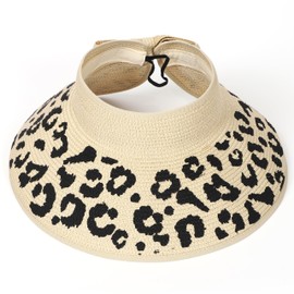 La Carrie Wide Brim UV Protection Sun Hats for Women with Leopard Trim Straw Roll Up Beach Visor Hat UPF 50+(Beige with Leopard 2)