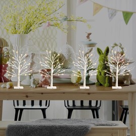 Birch Tree with LED Lights Set of 4, Lighted Birch Tree Battery Powered/USB, 24 LED Warm White Tree, 2FT Small Flickering Christmas Tree Decor for Indoor Home Mantel Winter Christmas Decorations