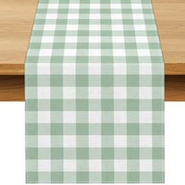 Sage Green Gingham Party Table Runner Green and White Checkered Plaid Decorations for Birthday Bridal Baby Shower Home Dining Kitchen Island Decor (13" x 60")