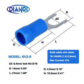 DIANQI 100Pcs 16-14 AWG Insulated Fork Spade Wire Connectors, SV2-8 U Type Electrical Crimp Terminals Kit for 1.5-2.5mm Cable USA USA Screw5/16 (Blue)