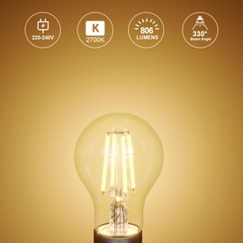 paul russells LED Filament GLS Light Bayonet Celling B22, 60w Equivalent A60 GLS Standard Globe 7W 806LM LED 2700K Warm White, Fittings BC Energy Saving Lamp, Pack of 6