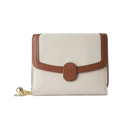 HUTUYIYI Women's Leather Wallet, Bifold Compact RFID Blocking Small Womens Wallet, Large Capacity Double Zip Around Credit Card Holder with Gold Chain Charm - White & Brown