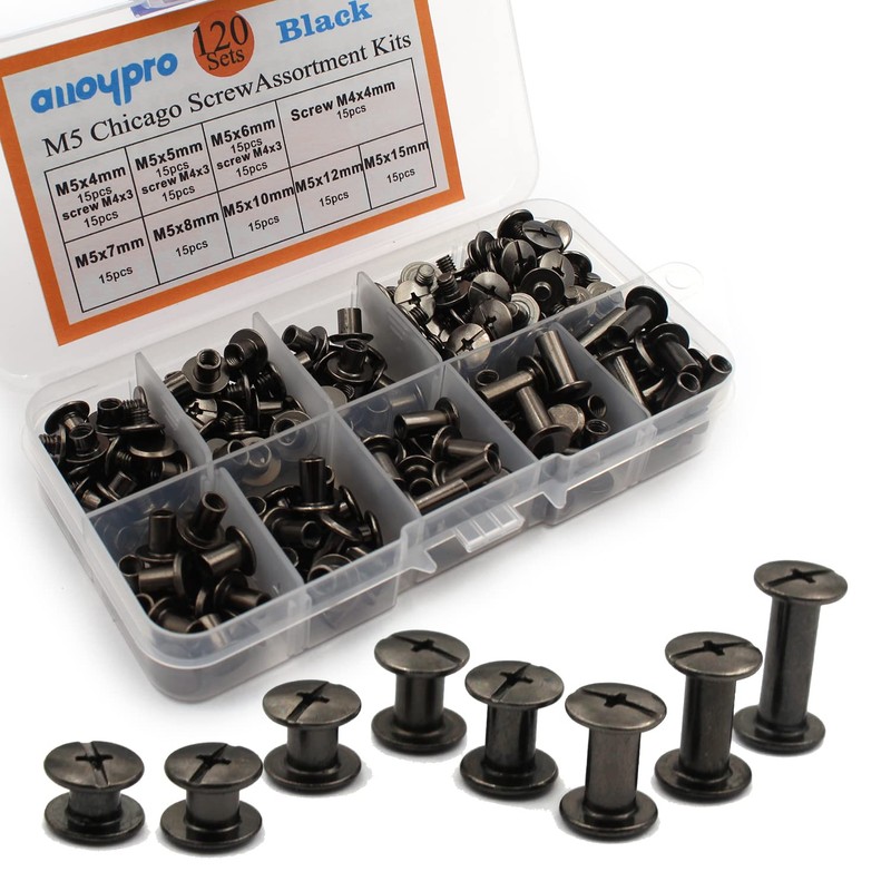 Alloypro 120Pcs Black Chicago Screws Assorted Kit 8Size Gun Metal