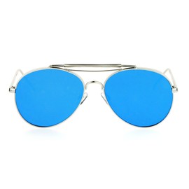Unisex Round Aviator Sunglasses Metal Frame Silver Flat Blue Mirror Lens UV400