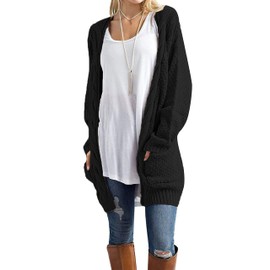 Traleubie Women's Loose Casual Long Sleeved Open Front Cardigans Sweater with Pocket Black L