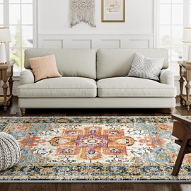 Eleisa 8x10 Area Rugs for Living Room, Orange & Navy Blue, Machine Washable Low Pile Area Rug, Stain Resistant Vintage Home Decor Rug for Bedroom, Dining Room, Home Office