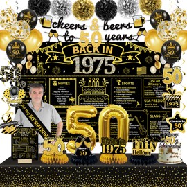 50th Birthday Decorations for Men Women,40 PCS Back in 1975 Decorations Include Cheers to 50 Banner Tablecloth Backdrop Greeting Card Swirls Sash Paper PomsPaper Poms(50th)
