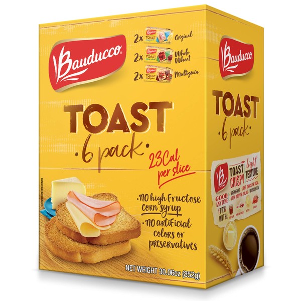 Bauducco Toast, Original, Whole Wheat & Multigrain, Delicious, Light & Crispy Toasted Bread, Breakfast Toast, Great with Peanut Butter & Jelly, No Artificial Flavors, 30.06oz (Pack of 6)