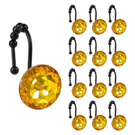 Sunlit Luxury Design Round Yellow Diamond Crystal Gem Bling with Glide Balls Shower Curtain Hooks, Rust Proof Metal Rhinestones Glam Shower Curtain Rings with Black Hooks, Set of 12