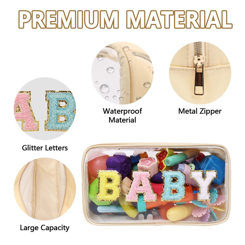 Iqimott - Bolsa de maquillaje transparente con parches de chenilla
