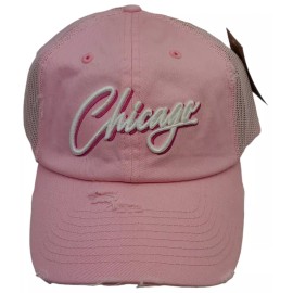 Peerless Embroidery Chicago Script Trucker Mesh Snapback Distressed Pink